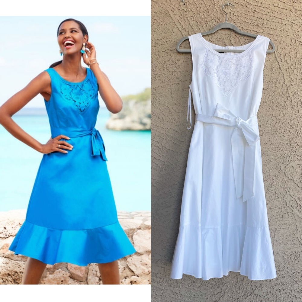 TALBOTS White Embroidered Sateen Fit & Flare Tie Belted Midi Dress Sz 12